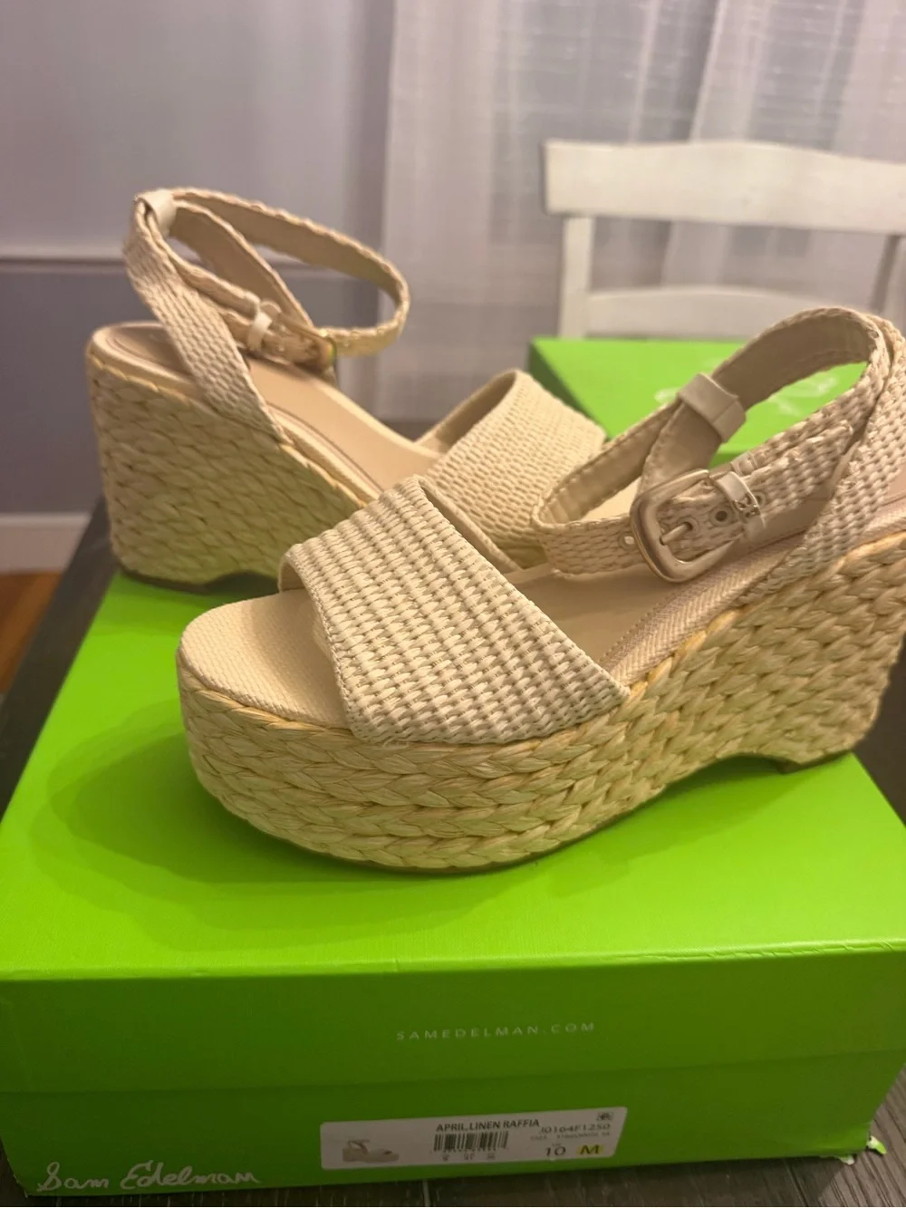 Sam Edelman Cream Linen Raffia Platform Wedge Sandals